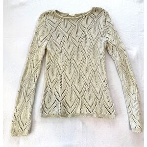 T.W.H. Sweater‎ Women's Ecru Ivory Crochet Open Knit Boho Cottagecore Medium